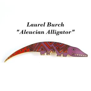 Laurel Burch "Aleucian Alligator" Brooch Gold Plated Cloisonné Red Purple Enamel